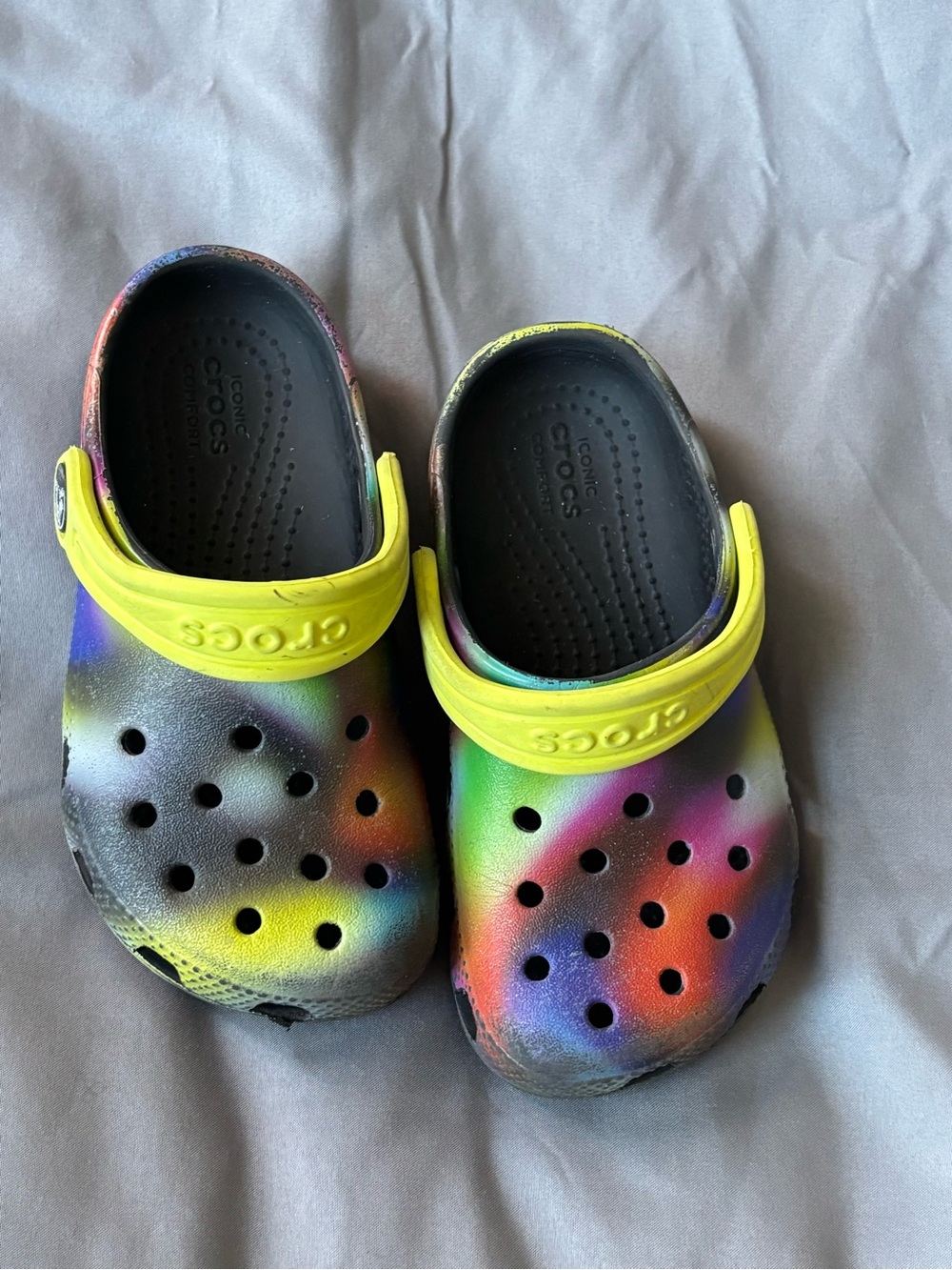 CROCS Kids Clog with Neon Yellow Strap and Rainbow Spray